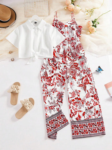 LUNE Casual Women Solid Color Tie Front Shirt And Floral Printed Spaghetti Strap Jumpsuit Set