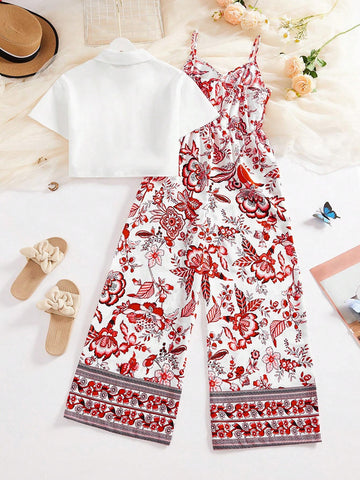 LUNE Casual Women Solid Color Tie Front Shirt And Floral Printed Spaghetti Strap Jumpsuit Set