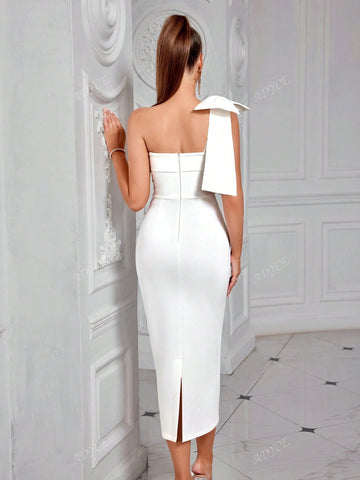 ADYCE Solid Color Bowknot Embellished Backless Strapless Cocktail Dress For Party