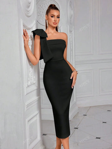 ADYCE Solid Color Bowknot Embellished Backless Strapless Cocktail Dress For Party