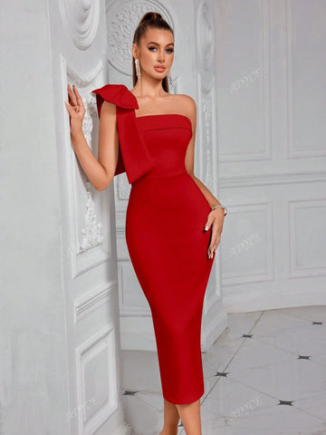 ADYCE Solid Color Bowknot Embellished Backless Strapless Cocktail Dress For Party