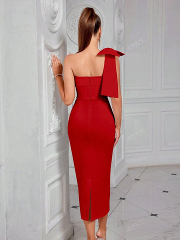 ADYCE Solid Color Bowknot Embellished Backless Strapless Cocktail Dress For Party