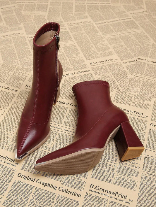 New Elegant Wine Red Thick Heel High Heel Pointed Toe Women Boots