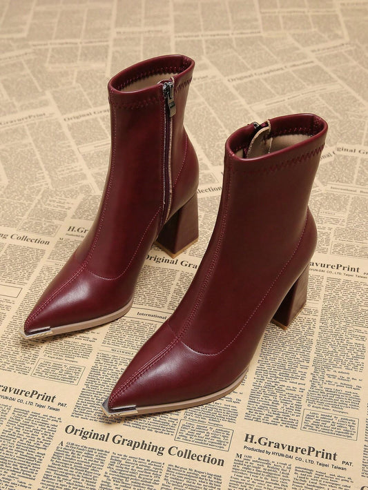 New Elegant Wine Red Thick Heel High Heel Pointed Toe Women Boots