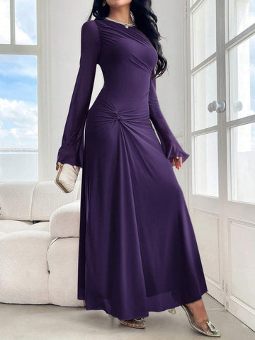 Modely Women's Solid Color Crew Neck Long Sleeve Twist Waist Maxi Elegant Dress