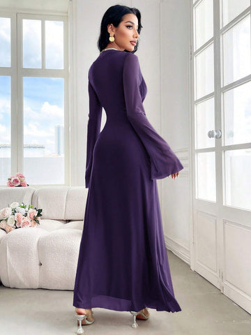 Modely Women's Solid Color Crew Neck Long Sleeve Twist Waist Maxi Elegant Dress