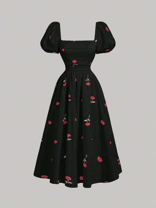 MOD Base Rose Flower Puff Sleeve Chest Ruched Waist Cinched Dress