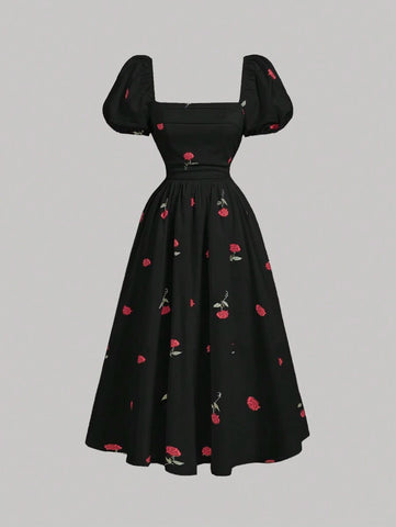 MOD Base Rose Flower Puff Sleeve Chest Ruched Waist Cinched Dress