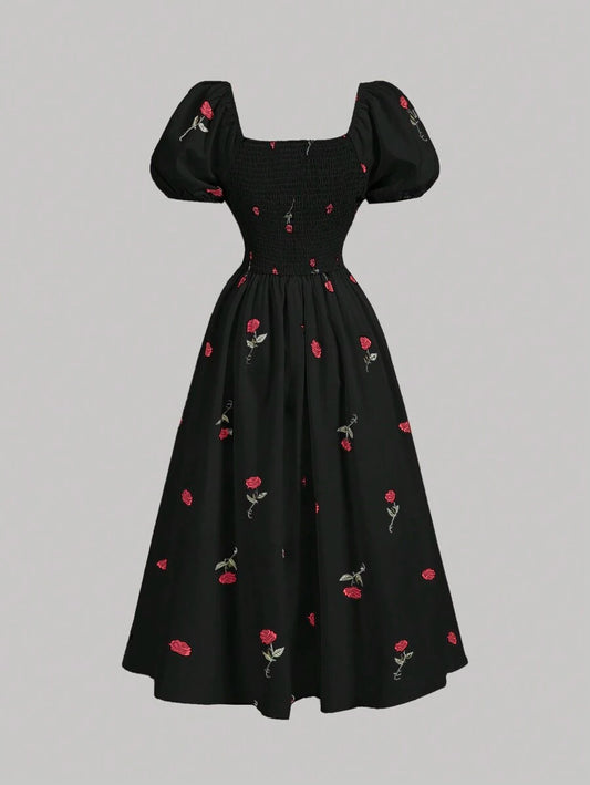 MOD Base Rose Flower Puff Sleeve Chest Ruched Waist Cinched Dress