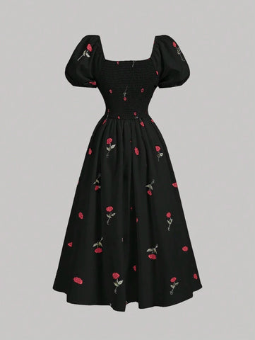 MOD Base Rose Flower Puff Sleeve Chest Ruched Waist Cinched Dress