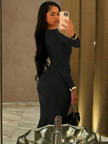 Fashionable Pleated Round Neck Long Sleeve Bodycon Dress