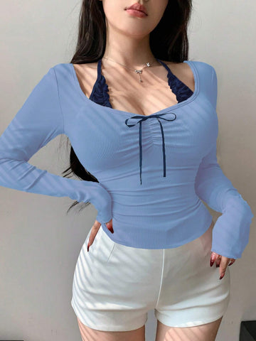 DAZY Women Slim-Fit Long-Sleeve Halter T-Shirt With Chest Ruched Bow Knot