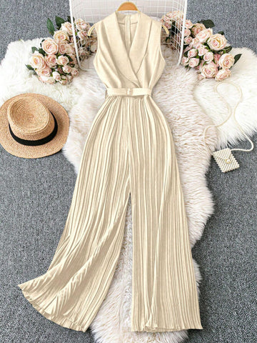 Franclia 1set Apple Collar Sleeveless Waist Belt Pleated Jumpsuit With Straight Leg Pants