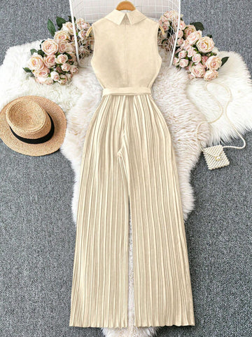 Franclia 1set Apple Collar Sleeveless Waist Belt Pleated Jumpsuit With Straight Leg Pants
