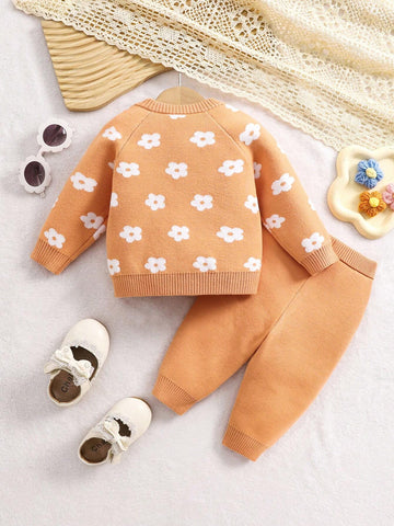 Baby Girl Floral Pattern Raglan Sleeve Sweater & Knit Pants