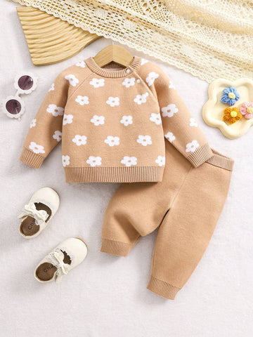 Baby Girl Floral Pattern Raglan Sleeve Sweater & Knit Pants