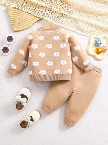 Baby Girl Floral Pattern Raglan Sleeve Sweater & Knit Pants