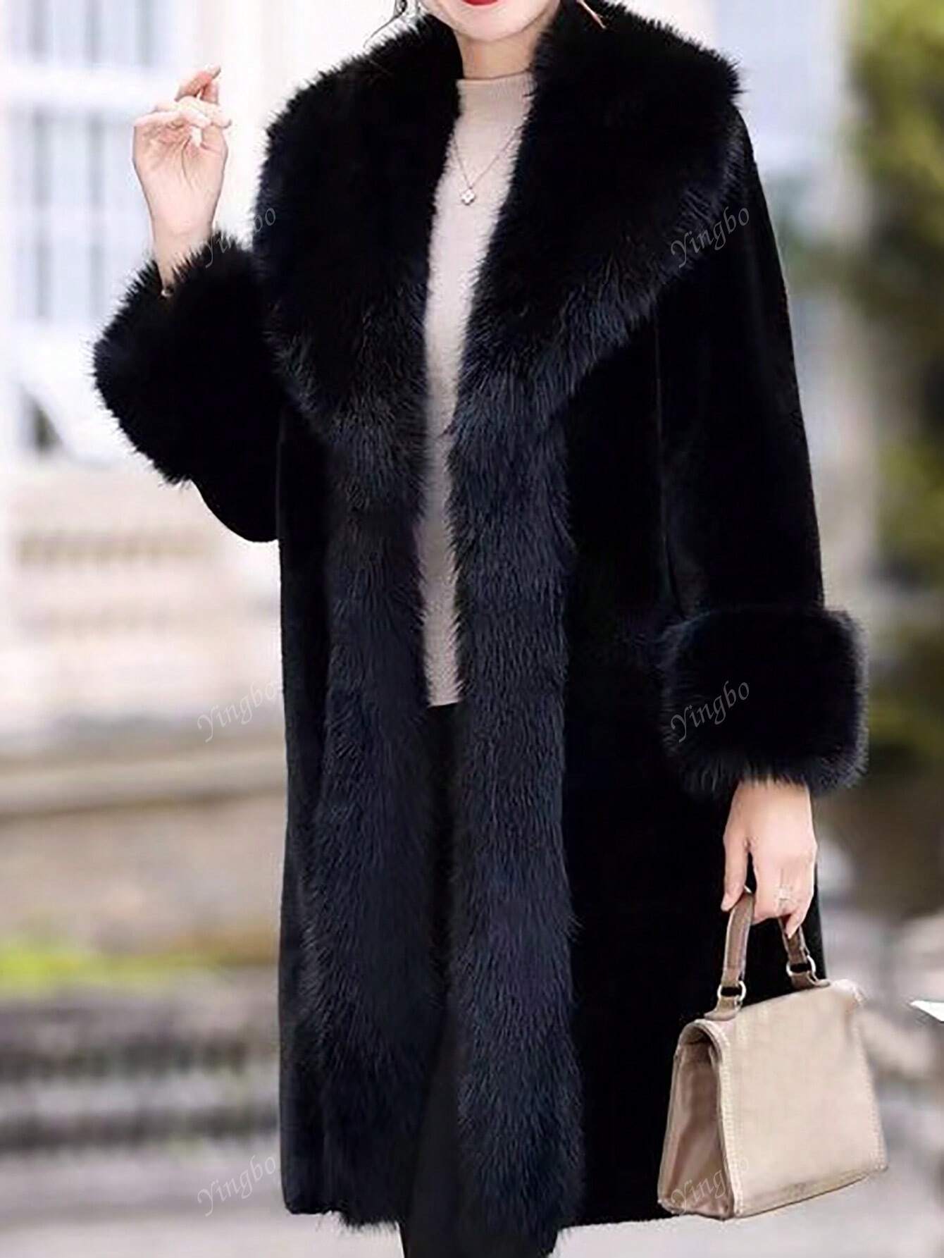 Women Solid Fuzzy Long Sleeve Coat