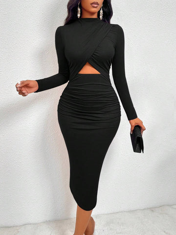 SOLERSUN Women's Solid Color Simple Casual Cut-Out Long Sleeve Dress