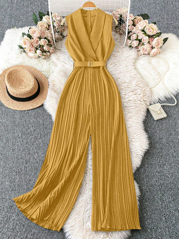 Franclia 1set Apple Collar Sleeveless Waist Belt Pleated Jumpsuit With Straight Leg Pants
