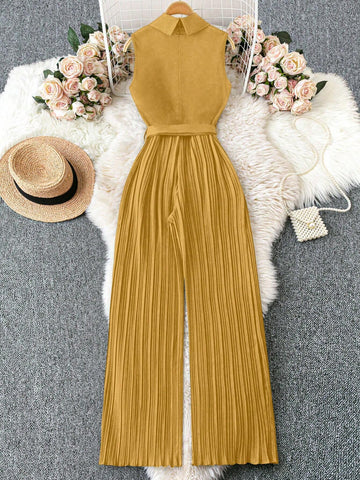 Franclia 1set Apple Collar Sleeveless Waist Belt Pleated Jumpsuit With Straight Leg Pants