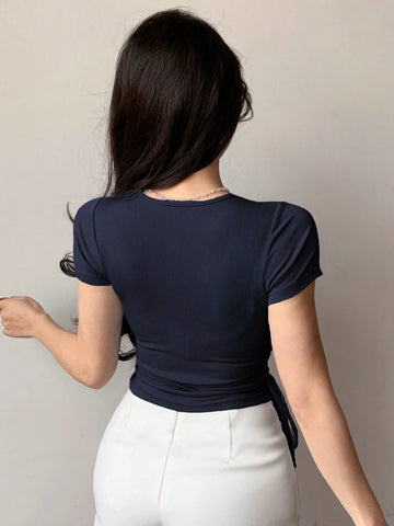 Hollow Drawstring Slim-Fit Short Sleeve T-Shirt