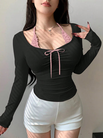 DAZY Women Slim-Fit Long-Sleeve Halter T-Shirt With Chest Ruched Bow Knot