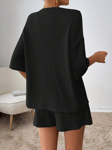 Essnce Solid Tie Front Drop Shoulder Top & Shorts