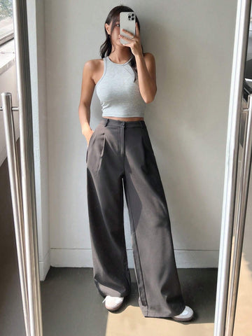 Dazy-Less Women's Solid Color Loose Wide Leg Suit Pants