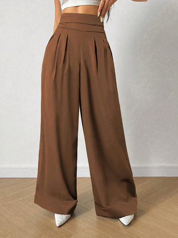 Essnce Solid Color Pleated Long Casual Pants