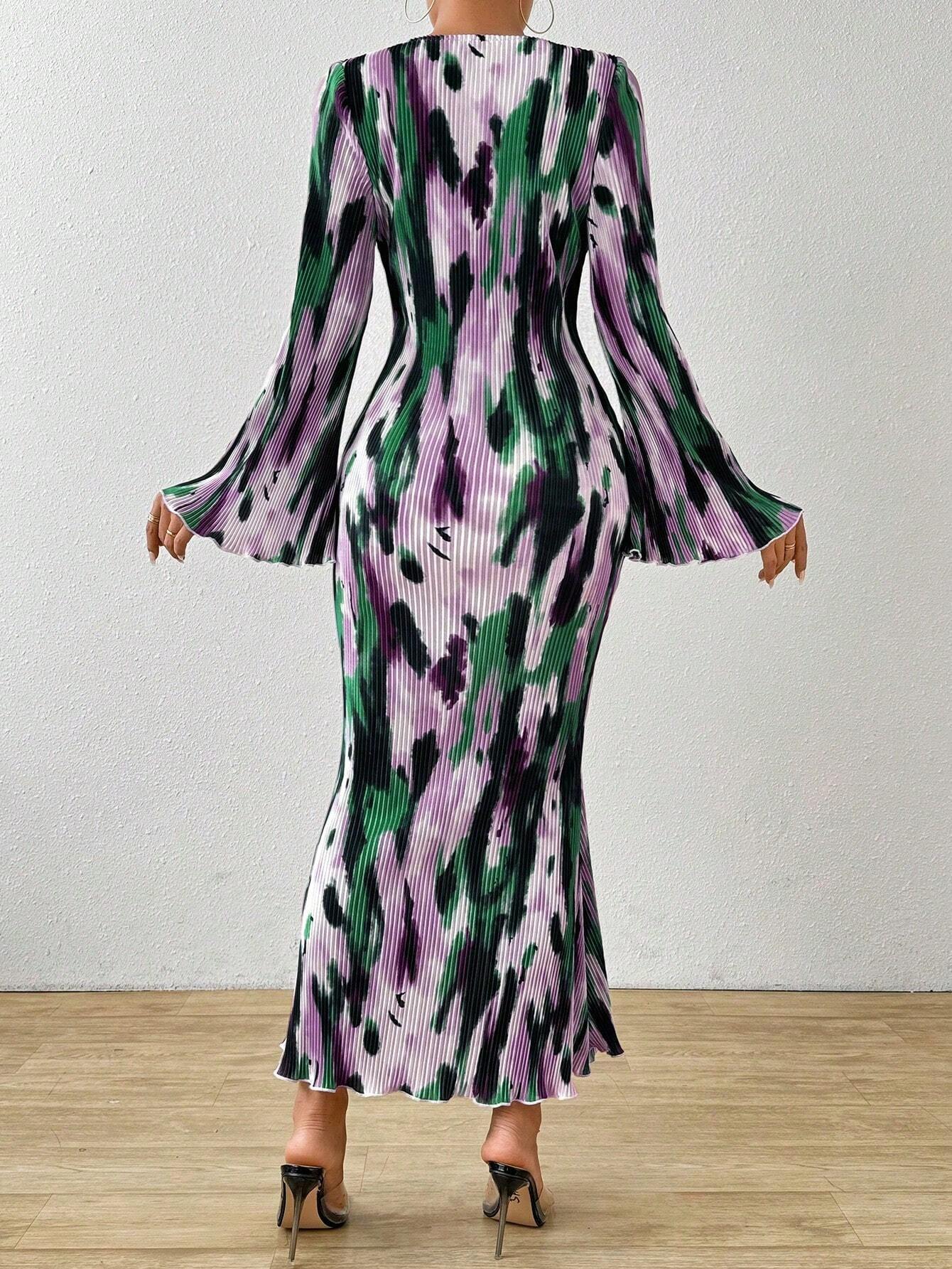 Priv� Allover Print Flounce Sleeve Mermaid Hem Dress