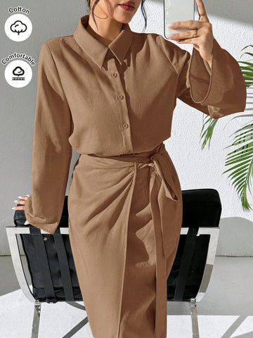 Mulvari Burgundy Red 2pcs Women's Casual Button-Up Shirt And A-Line Skirt Set