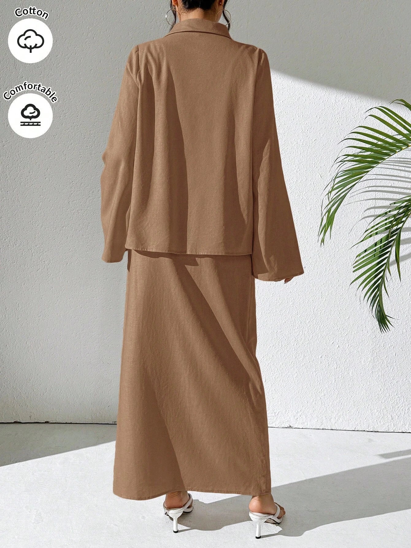 Mulvari Burgundy Red 2pcs Women's Casual Button-Up Shirt And A-Line Skirt Set