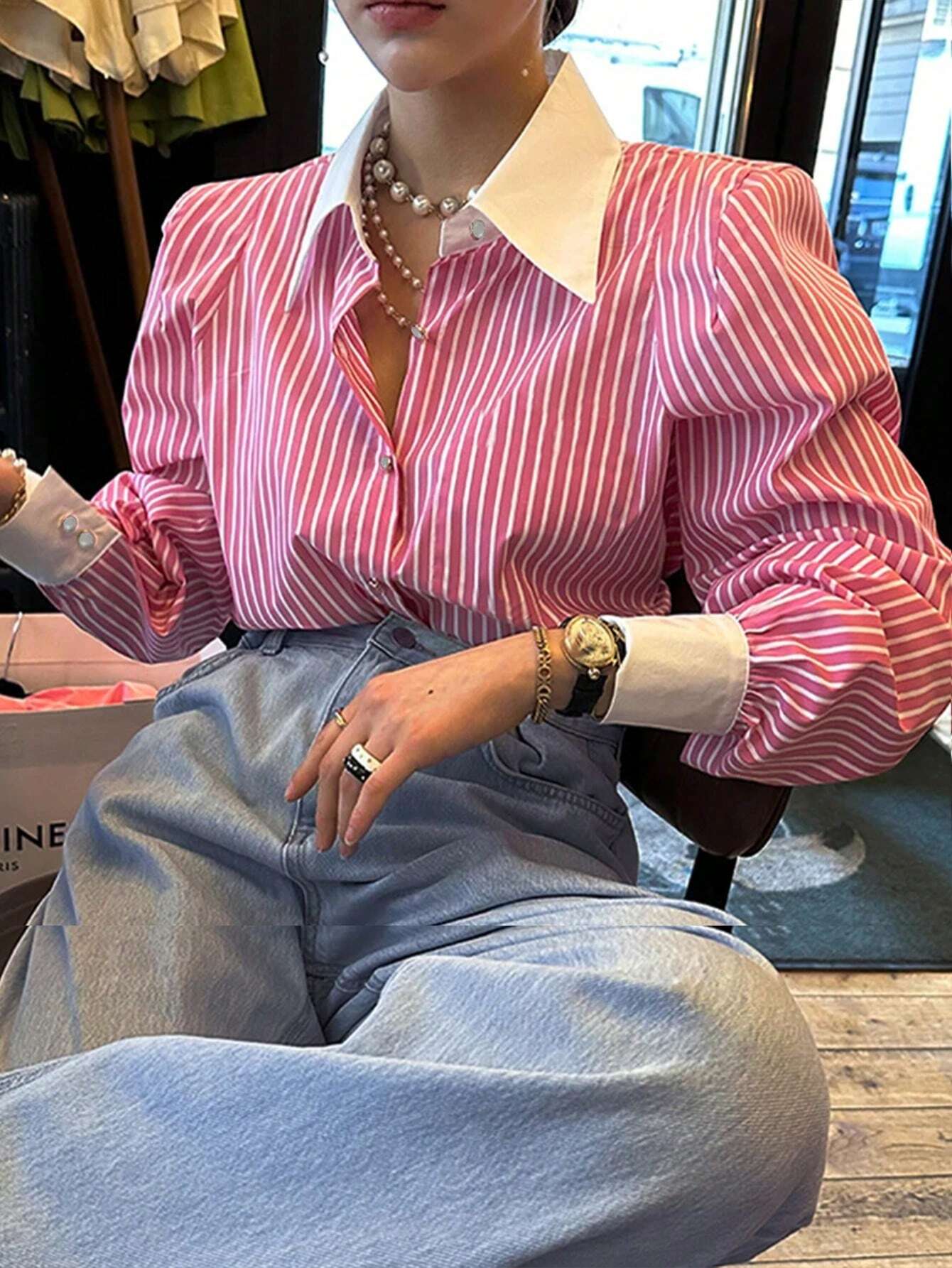 Women's Striped Long Sleeve Loose Pocket Casual Shirt