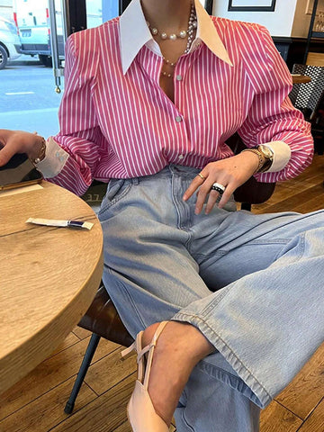 Women's Striped Long Sleeve Loose Pocket Casual Shirt