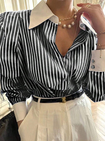 Women's Striped Long Sleeve Loose Pocket Casual Shirt