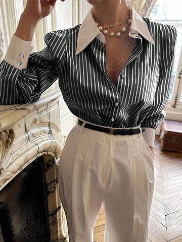 Women's Striped Long Sleeve Loose Pocket Casual Shirt