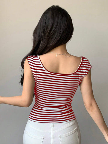 DAZY Backless Bow Tie Ribbon Slim Fit Short Sleeve Women's T-Shirt