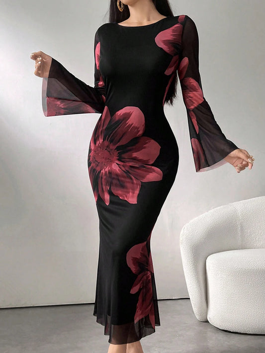 Modely Women's Round Neck Long Sleeve Floral Print Elegant Chiffon Dress