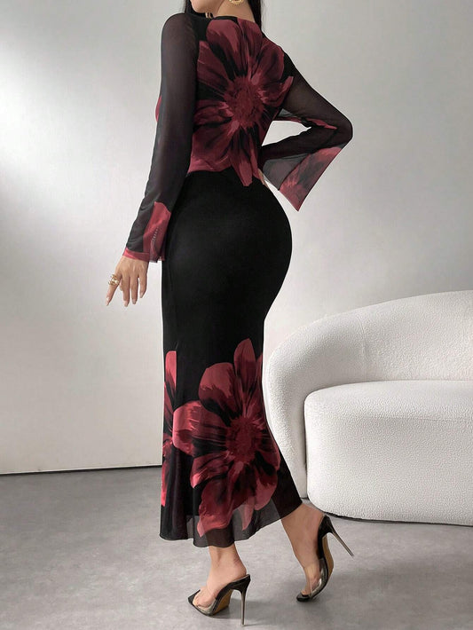 Modely Women's Round Neck Long Sleeve Floral Print Elegant Chiffon Dress