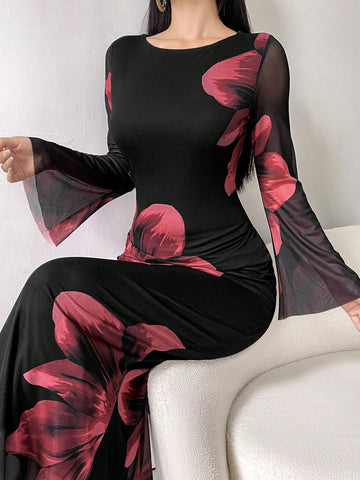 Modely Women's Round Neck Long Sleeve Floral Print Elegant Chiffon Dress