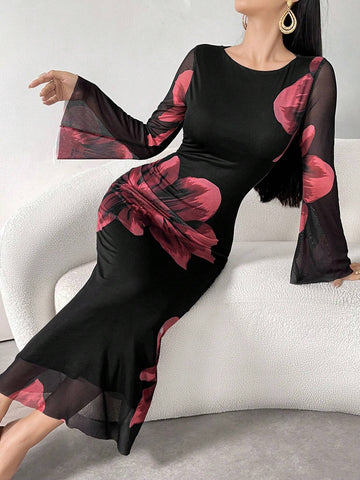 Modely Women's Round Neck Long Sleeve Floral Print Elegant Chiffon Dress