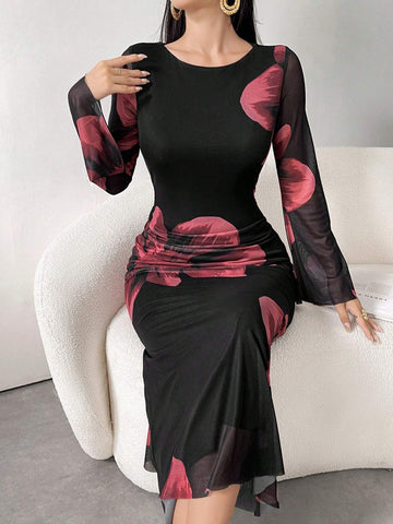 Modely Women's Round Neck Long Sleeve Floral Print Elegant Chiffon Dress