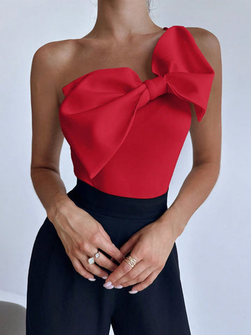 Women's Elegant One Shoulder Bodysuit With Bowknot