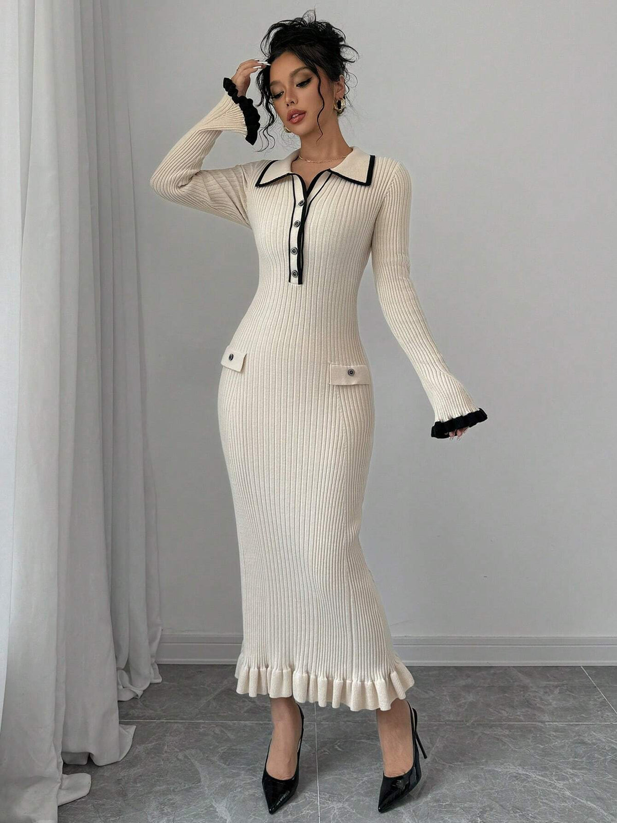 Elegant Charming Modest Collared Colorblock Sweater Dress