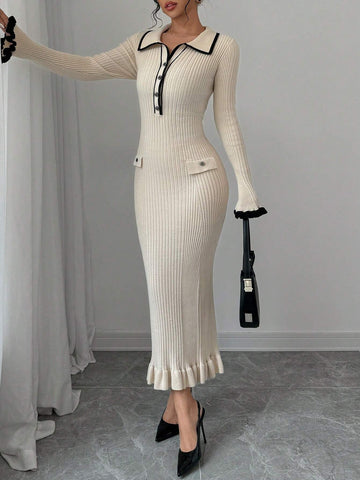 Elegant Charming Modest Collared Colorblock Sweater Dress