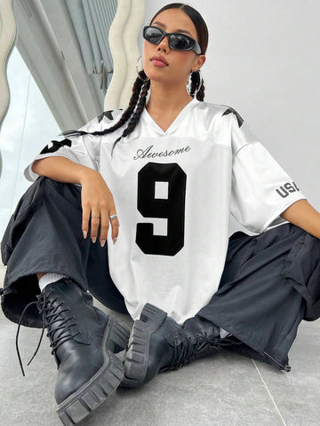 EZwear Oversized Boyfriend Style Print Letter & Star Satin Basketball Jersey Tee