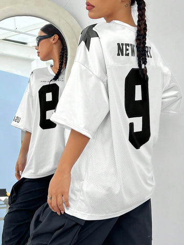 EZwear Oversized Boyfriend Style Print Letter & Star Satin Basketball Jersey Tee
