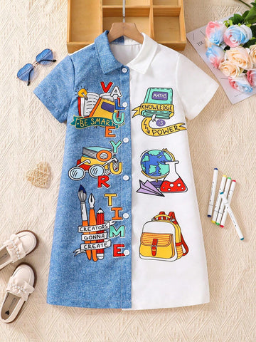 Tween Girl Fashionable Color Block Stationery Pattern Printed Short Sleeve Dress