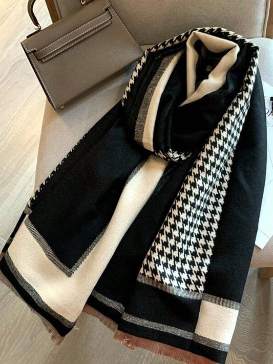 1pc Houndstooth Pattern Black Scarf, Warm & Versatile Shawl